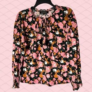 Pink Floral Boho Top Size Small Ruffle Tassel Smocked Wrist Flowy Blouse Keyhole